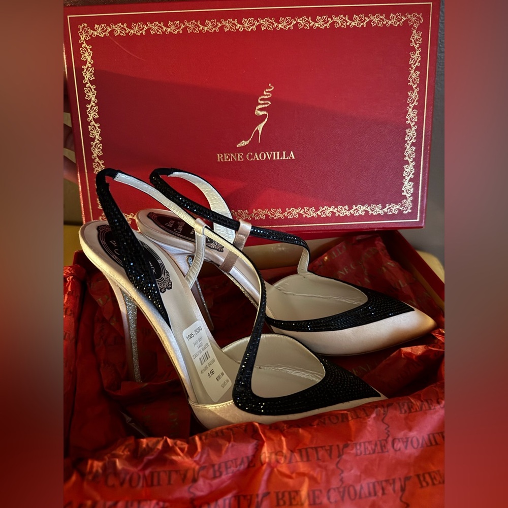 Rene Caovilla/ Sling Back Nude Black Satin. Jet Strass Pumps//8,5/38//NWT